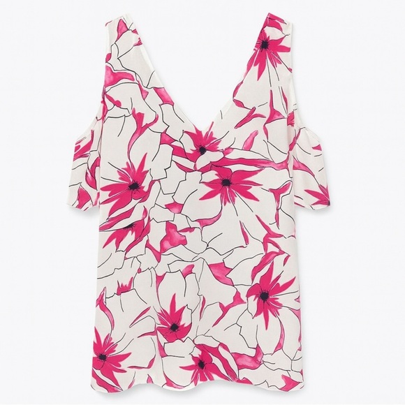 Violet & Claire Pink Floral Cold Shoulder Flutter Blouse - Picture 9 of 14